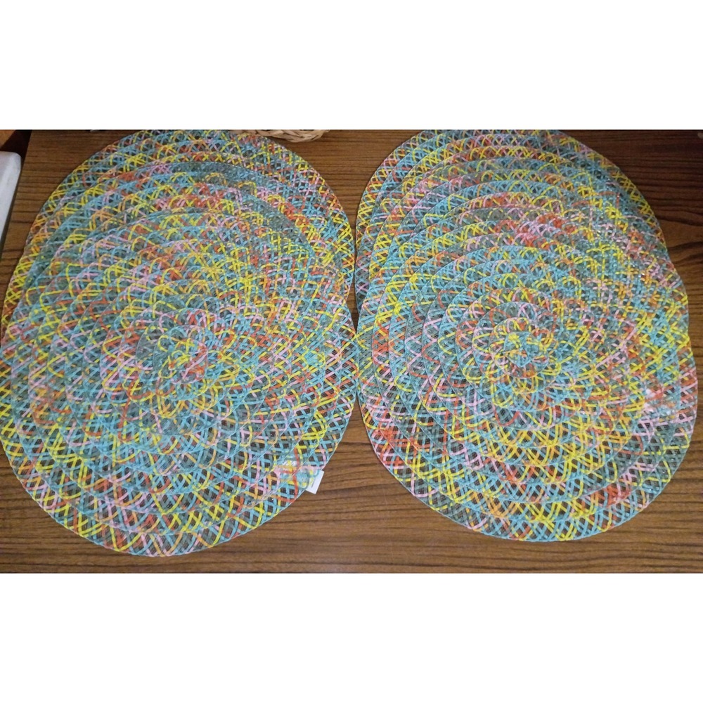 Pier 1 Imports Round Multi Color Woven Placemats Set Metallic Silver Thread